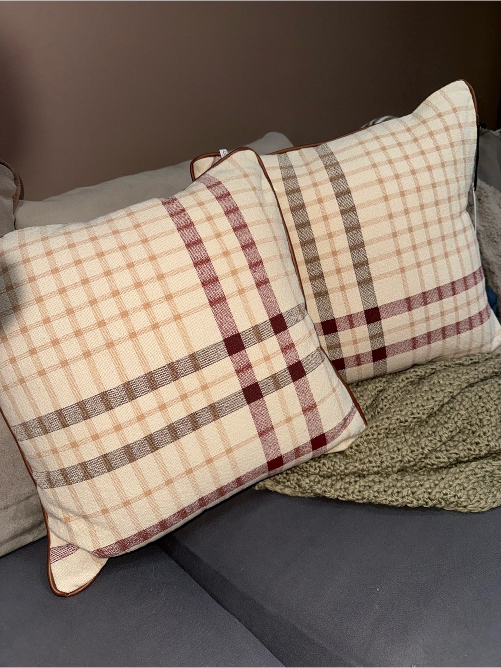 Plaid Throw Pillow Pair - Cream, Brown & Burgundy